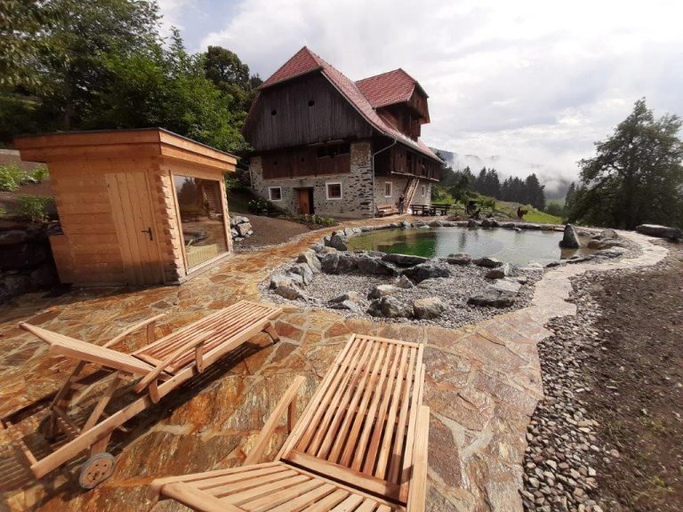 Außenansicht mit Sauna und Schwimmteich